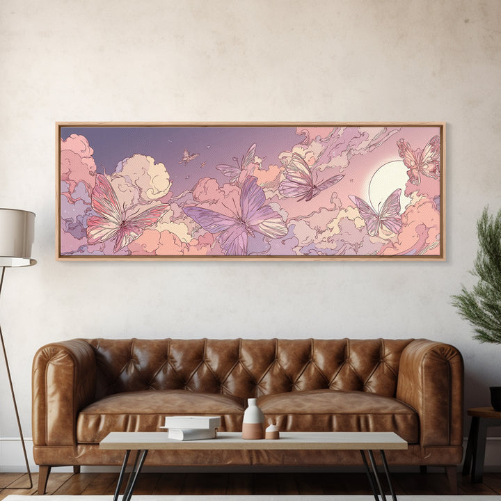 Pink Butterfly Cloudscape Wall Art, Whimsical Celestial Canvas Print, Pastel Nursery Decor, Magical Girls Room Artwork Gift