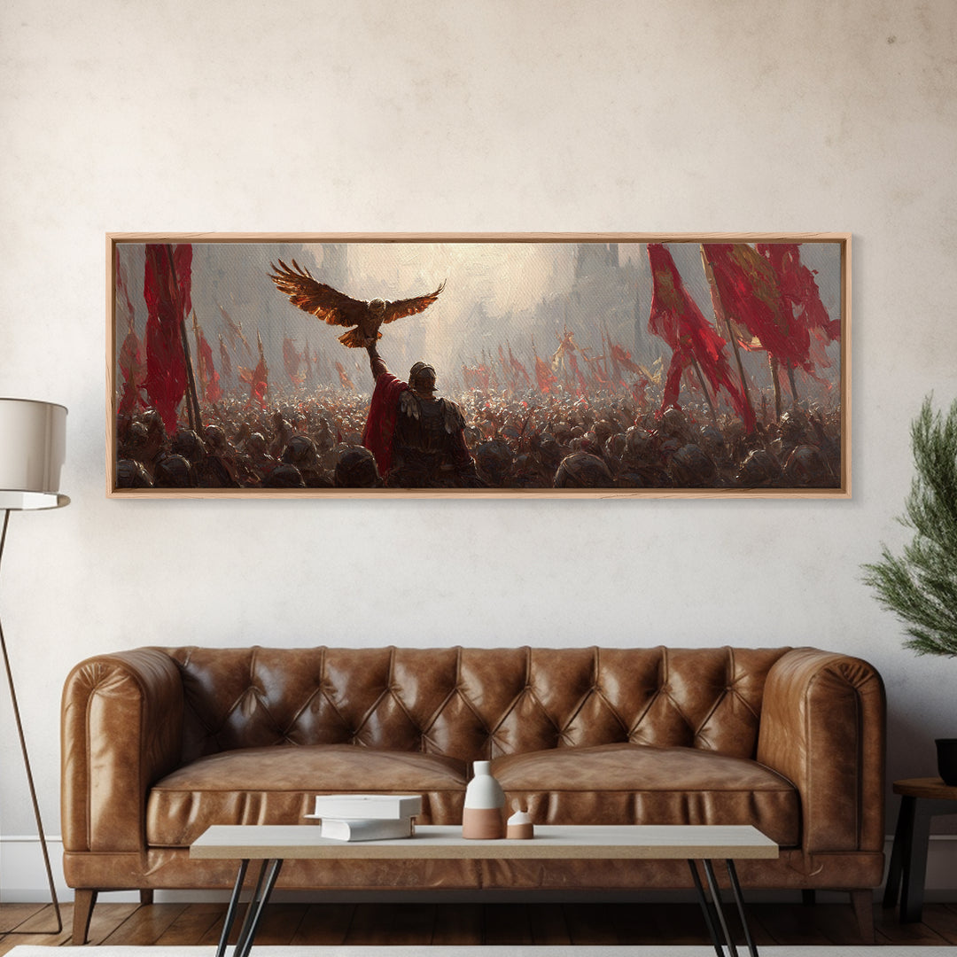 Warrior Raising Eagle Above Red Banners Framed Canvas Print, Epic Battlefield Wall Art, Historical Army Decor Gift For Him