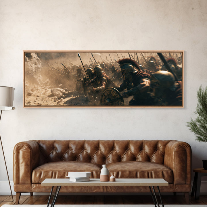 Spartan Phalanx Charging Through Dust Wall Art, Ancient Greek Battle Canvas, Historical Warrior Decor, Dramatic Man Cave Print