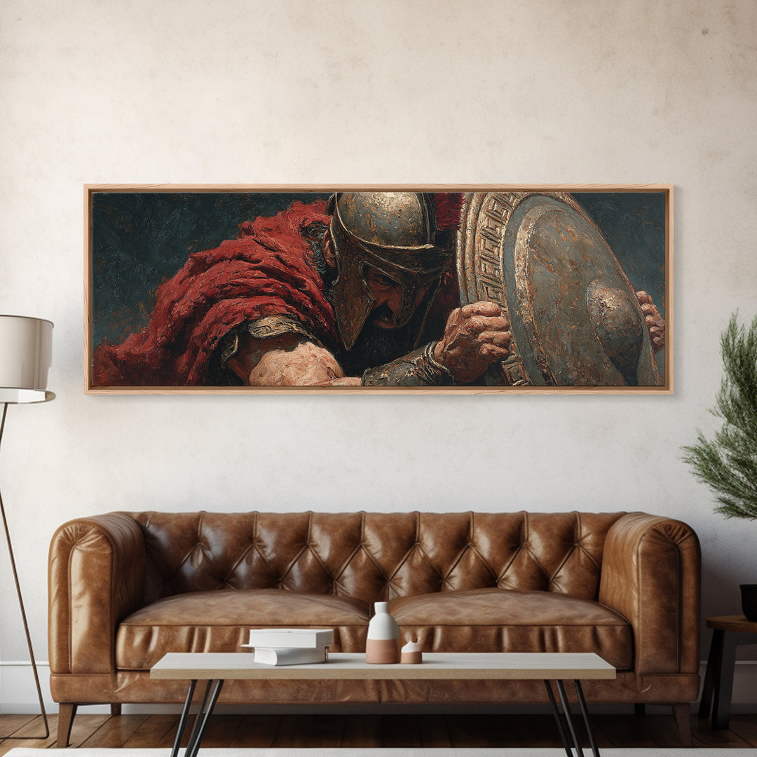 Spartan Warrior With Shield Wall Art, Greek Battle Canvas Print, Dark Masculine Historical Decor For Office And Living Room