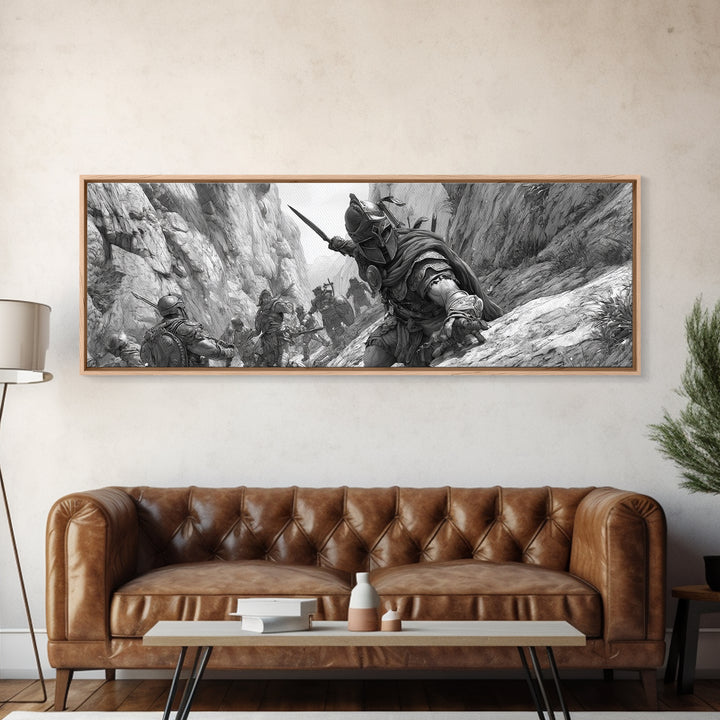 Black And White Canyon Ambush Wall Art, Medieval Warrior Canvas Print, Historic Battle Illustration, Masculine Decor, Office Wall Art
