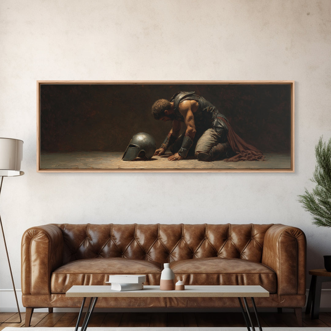 Kneeling Gladiator With Helmet Framed Canvas Print, Dark Academia Wall Art, Classical Warrior Decor, Gift For Him, Office Decor