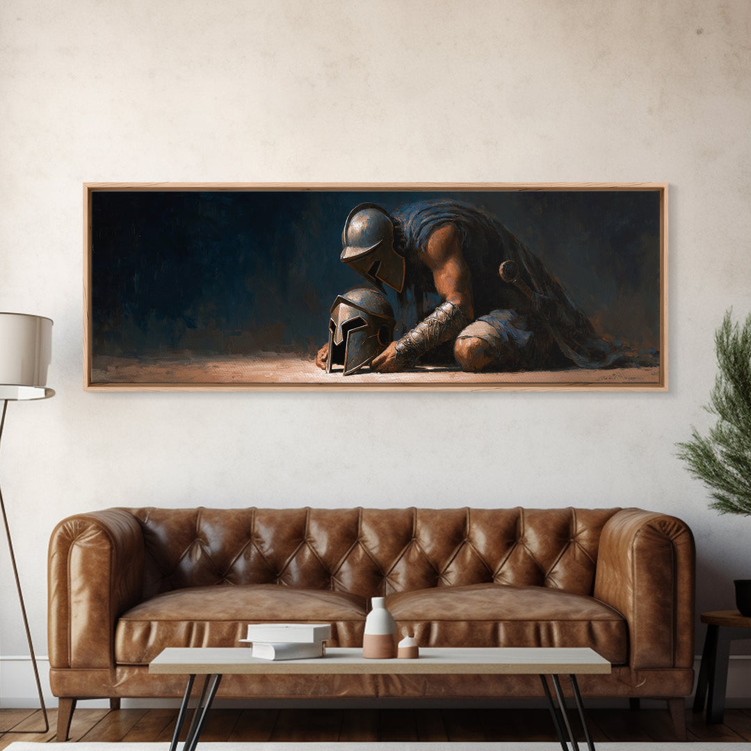 Kneeling Ancient Warrior With Battle Helmets Framed Canvas Print, Dark Fantasy Wall Art For Man Cave Office Decor, Gift For Him