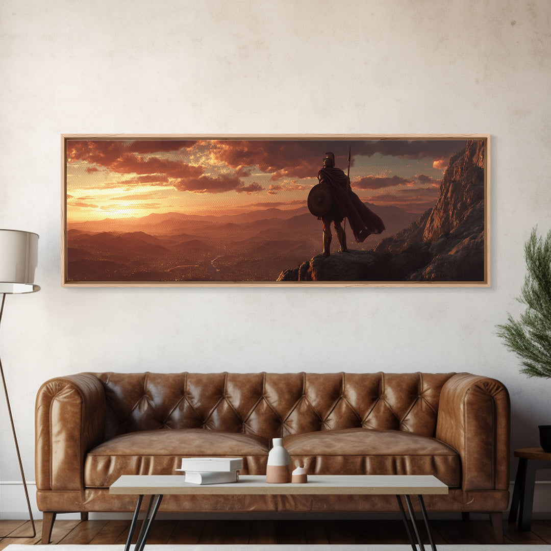 Lone Warrior Over Mountain Valley Sunset Wall Art, Epic Fantasy Landscape, Medieval Adventure Decor, Panoramic Canvas Print