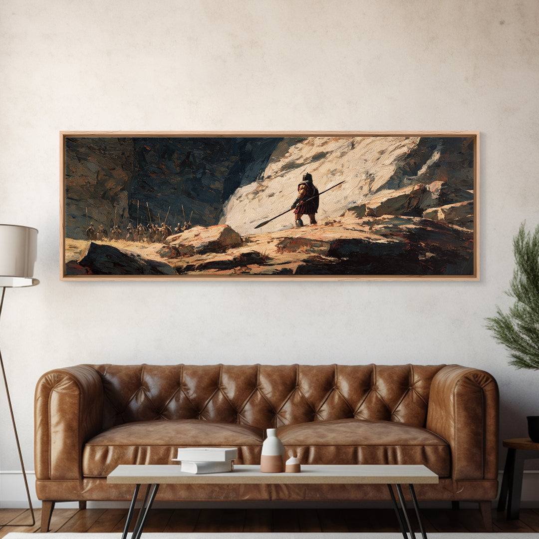 Lone Warrior In Snowy Mountain Pass Canvas Print, Ancient Battle Landscape, Fantasy Wall Art, Rustic Masculine Decor, Large Horizontal Art