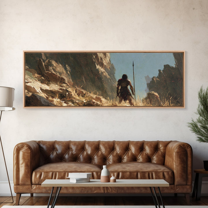 Warrior Crossing Rocky Canyon Wall Art, Ancient Fantasy Landscape Canvas Print, Desert Adventure Decor, Masculine Gift For Him