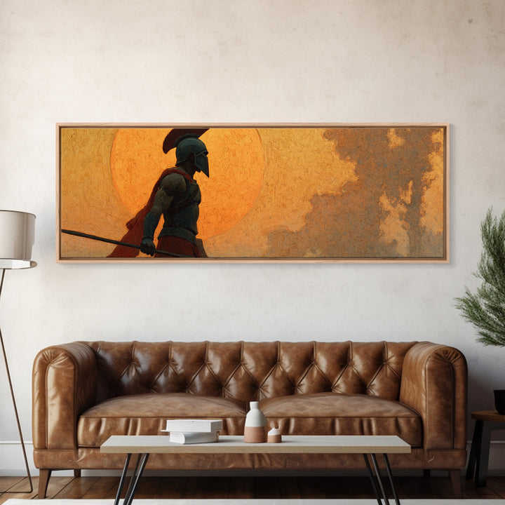 Ancient Greek Warrior Silhouette Wall Art, Spartan Spear Canvas Print, Mythology Decor, Masculine Office Art, Gift For Him