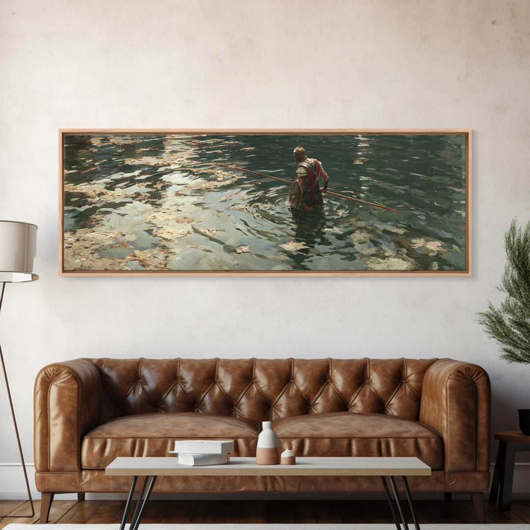 Armored Warrior Wading Through Reflective Water Wall Art, Ancient Spear Soldier, Moody Seascape Decor, Canvas Print Gift