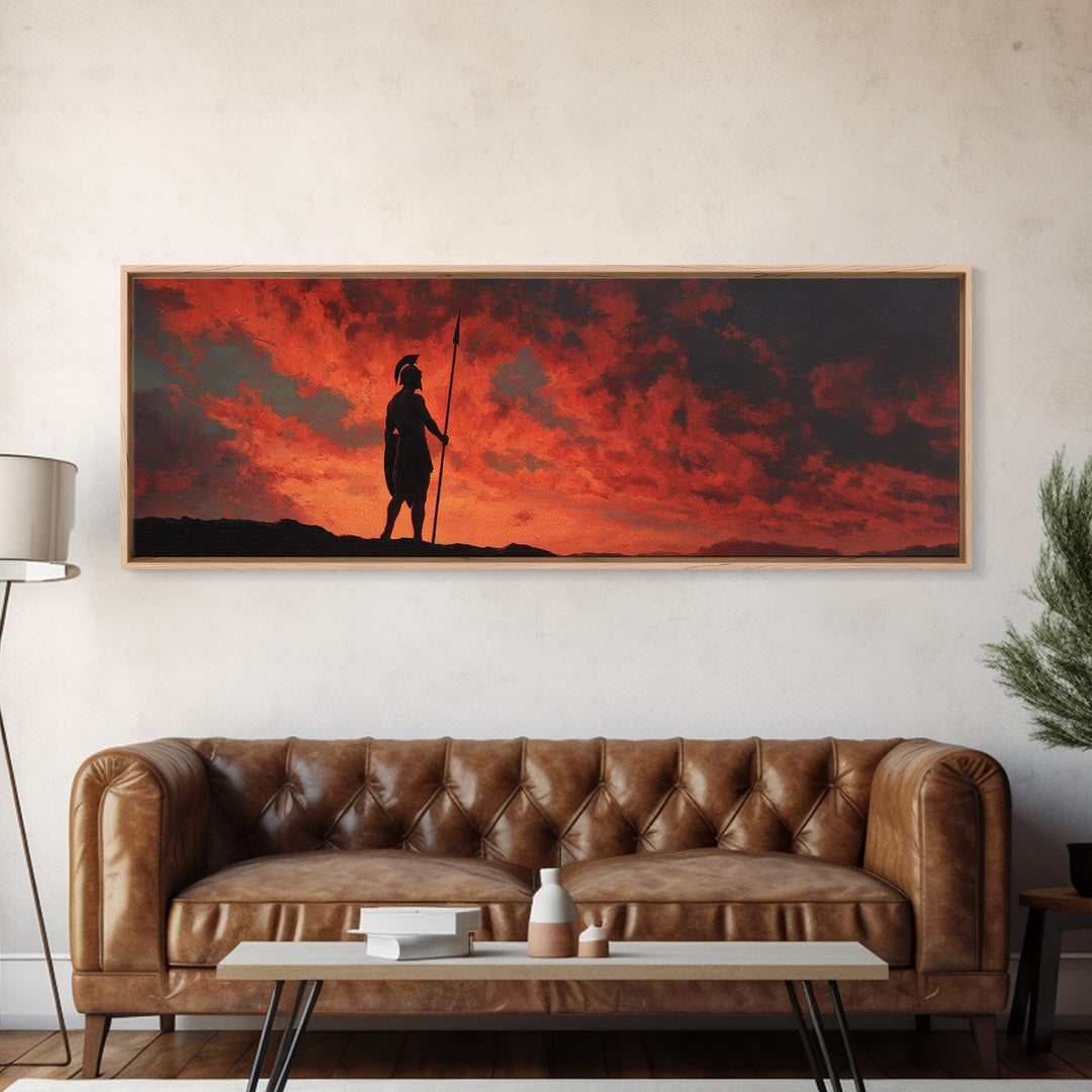 Spartan Warrior Silhouette At Red Sunset Wall Art, Greek Historical Canvas Print, Dramatic Masculine Living Room Decor Gift