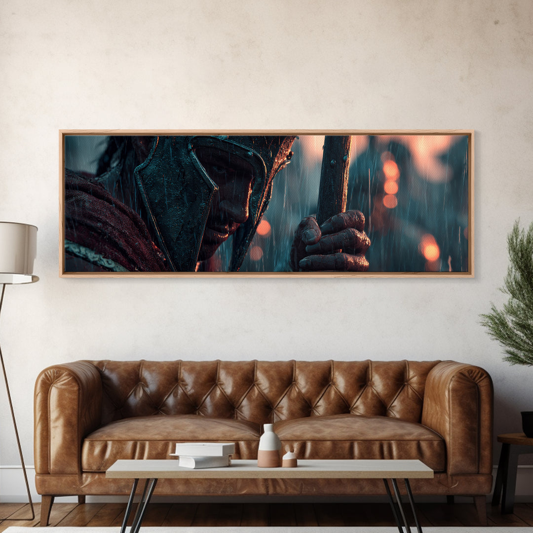 Rain Soaked Armored Warrior Portrait Wall Art, Cinematic Fantasy Canvas Print, Dark Battle Decor, Masculine Office Poster