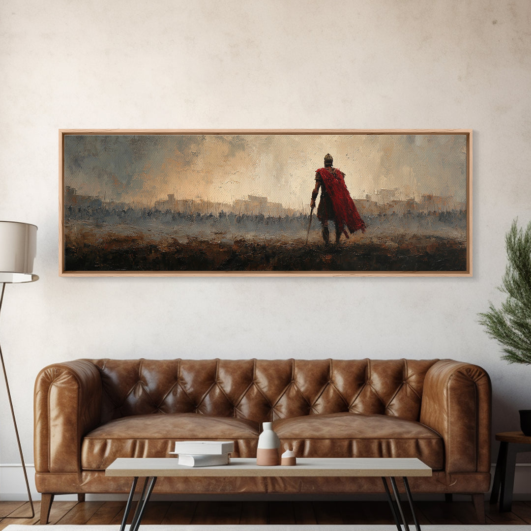 Roman Warrior In Red Cape Over Ancient City Canvas Print, Classical Wall Art, Masculine Office Decor, Historical Gift For Him