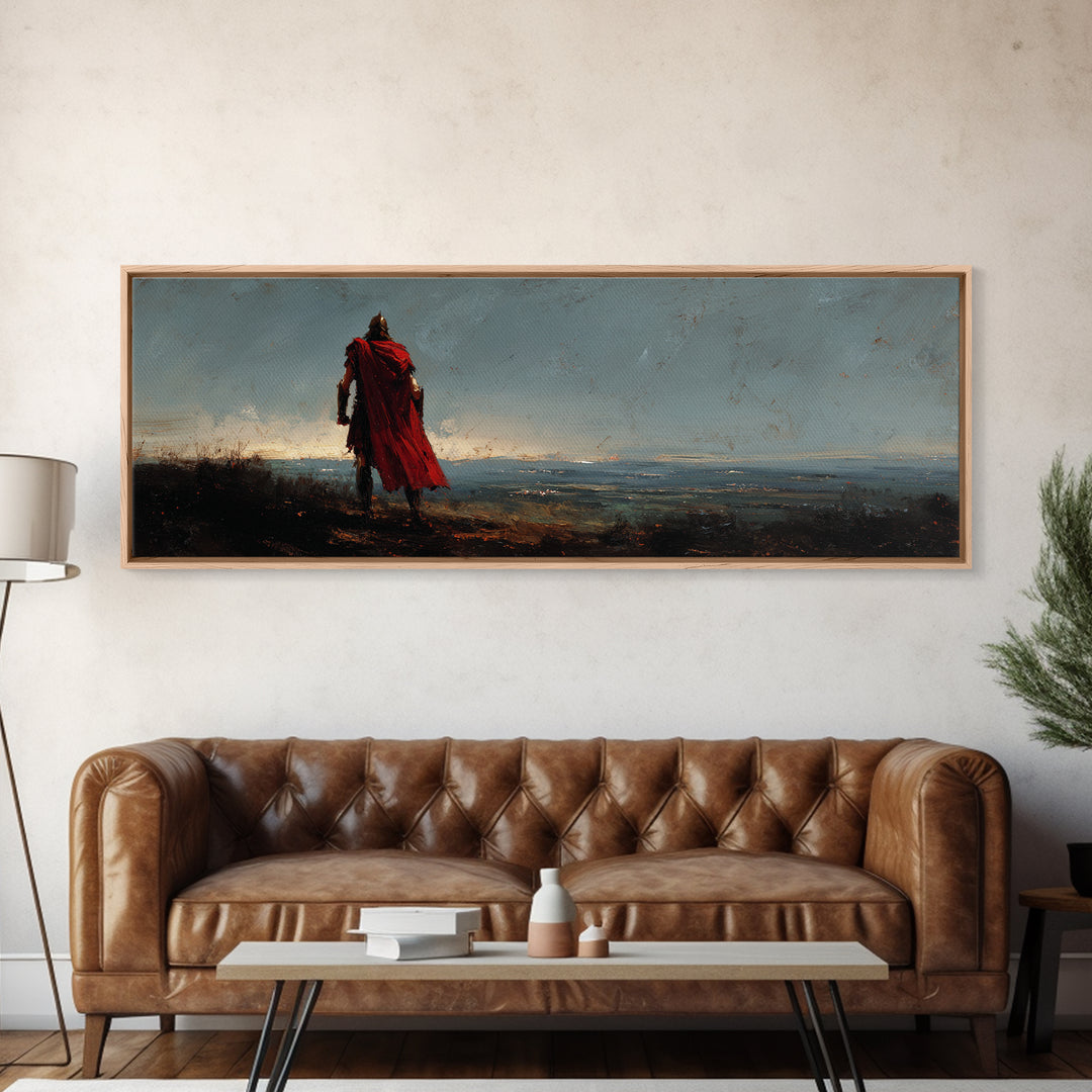 Lone Warrior In Red Cloak Wall Art, Epic Fantasy Landscape Canvas Print, Moody Medieval Decor, Statement Artwork, Gift For Him