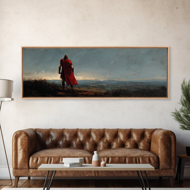 Lone Warrior In Red Cloak Wall Art, Epic Fantasy Landscape Canvas Print, Moody Medieval Decor, Statement Artwork, Gift For Him