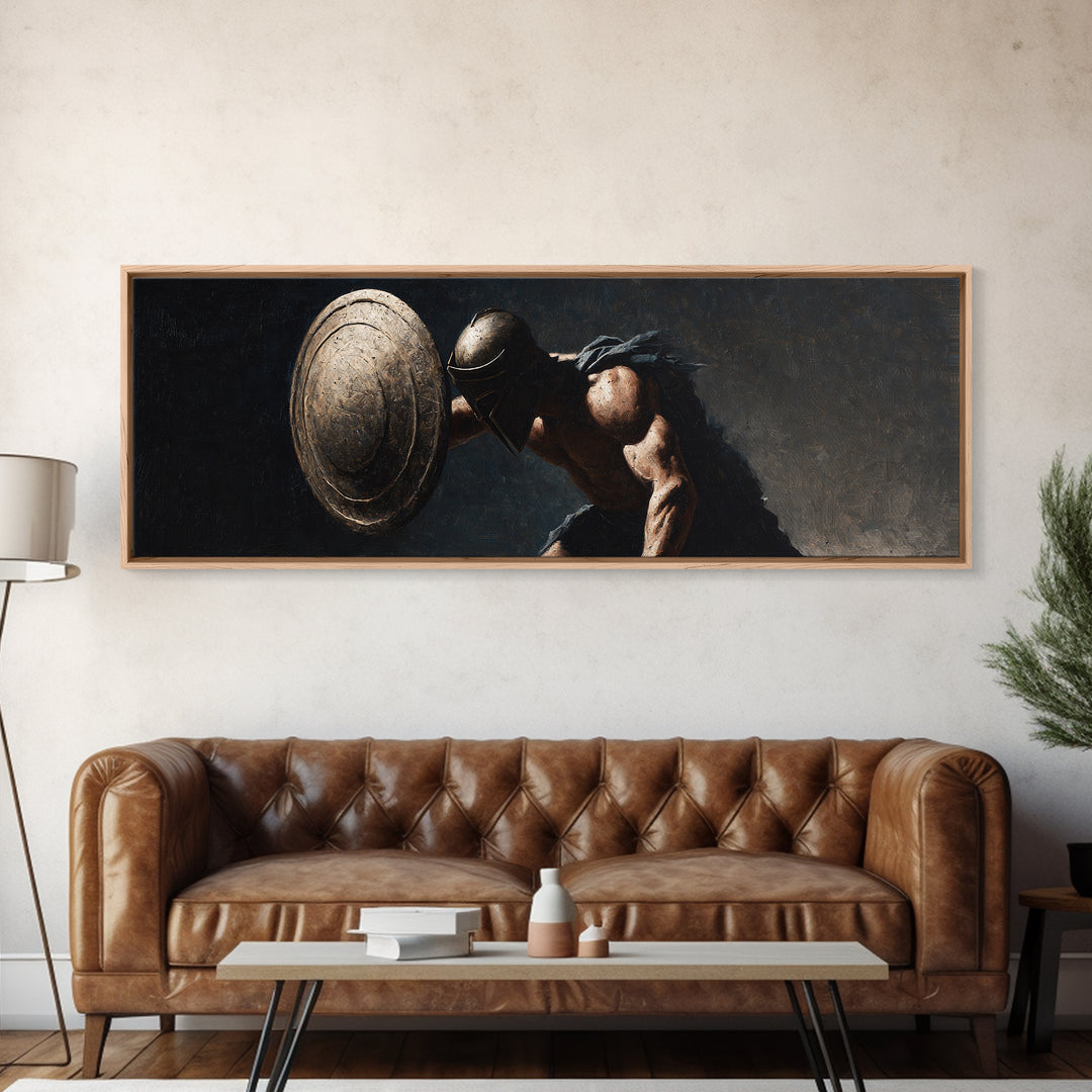 Ancient Hoplite With Round Shield Canvas Print, Greek Warrior Wall Art, Masculine Office Decor, Dark Historical Artwork Gift
