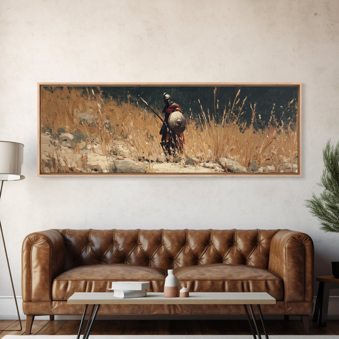 Lone Ancient Warrior In Golden Grass Framed Canvas Print, Historical Wall Art, Rustic Home Decor, Masculine Office Decor