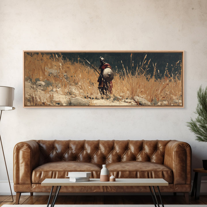 Lone Ancient Warrior In Golden Grass Framed Canvas Print, Historical Wall Art, Rustic Home Decor, Masculine Office Decor