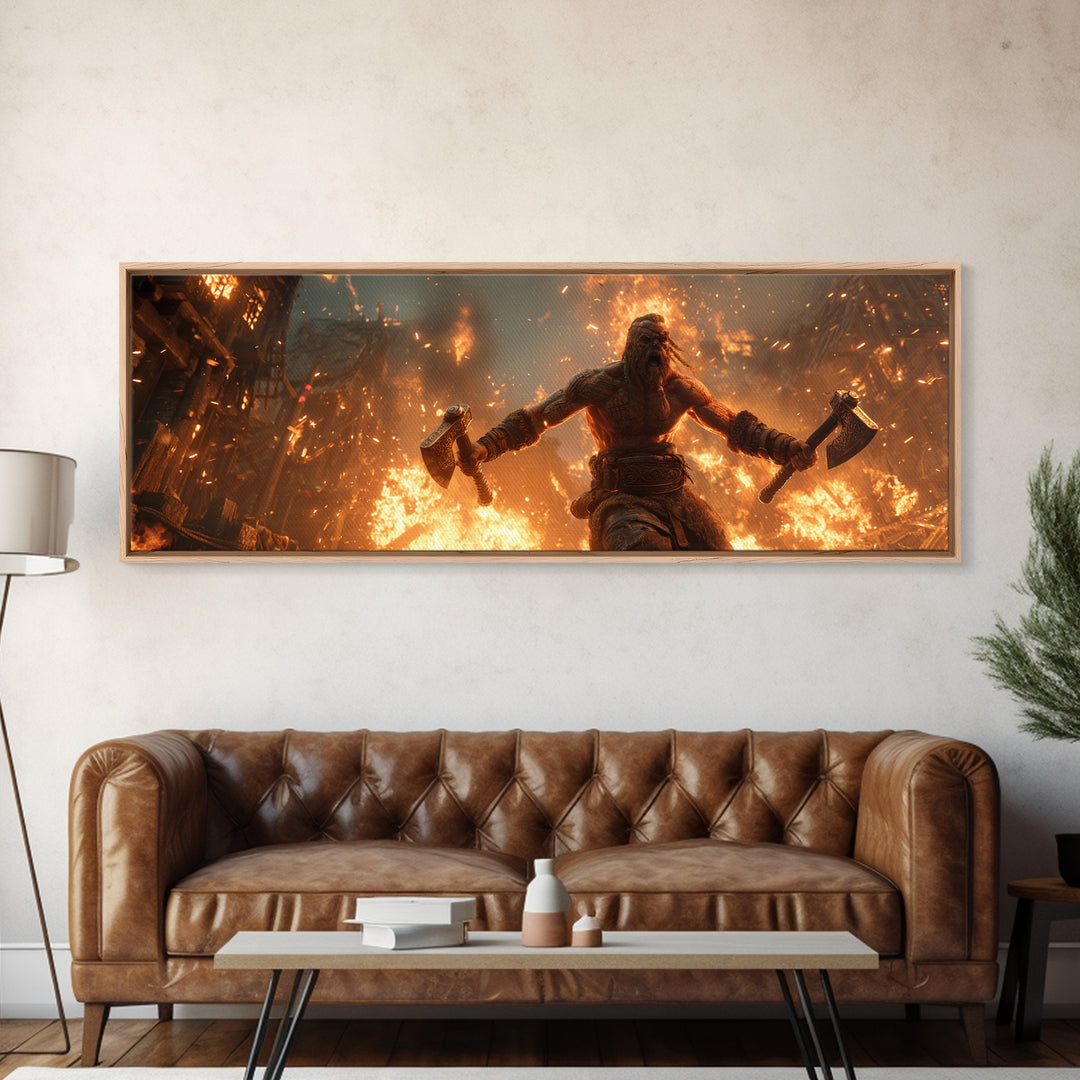 Viking Berserker With Twin Axes Wall Art, Burning Village Battle Scene, Norse Warrior Decor, Dark Fantasy Canvas Print, Large Art