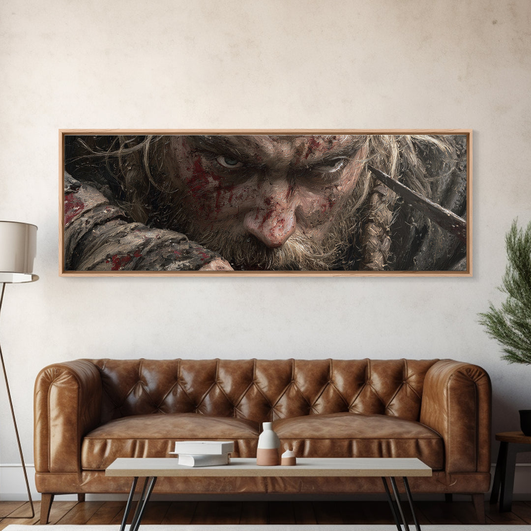 Bloodied Viking Warrior Close Up Framed Canvas Print, Dark Fantasy Portrait, Norse Wall Art, Masculine Man Cave Decor, Gift For Him