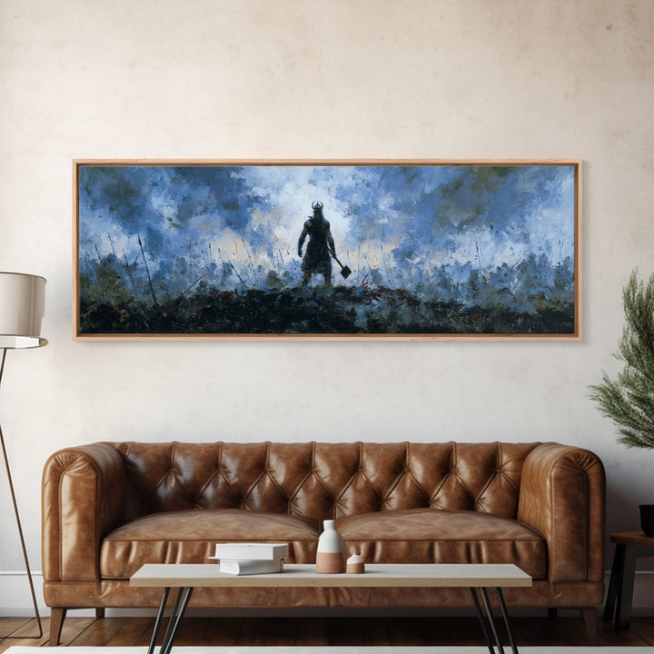 Dark Viking With Hammer Wall Art, Stormy Norse Warrior Canvas Print, Moody Fantasy Decor, Masculine Office Artwork Gift For Him