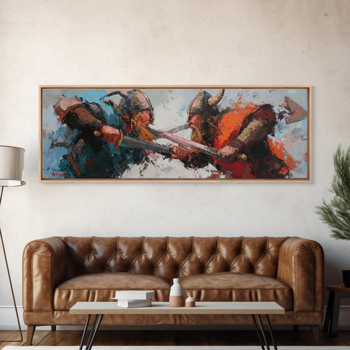 Viking Warriors Clashing With Axes Canvas Print, Norse Wall Art, Dark Fantasy Decor, Medieval Battle Artwork For Him, Man Cave Decor