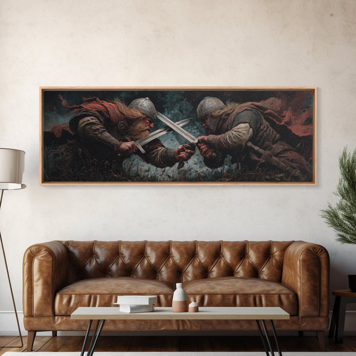 Viking Duel With Crossed Swords Framed Canvas Print, Dark Fantasy Wall Art, Medieval Warrior Decor, Man Cave Art, Gift For Him