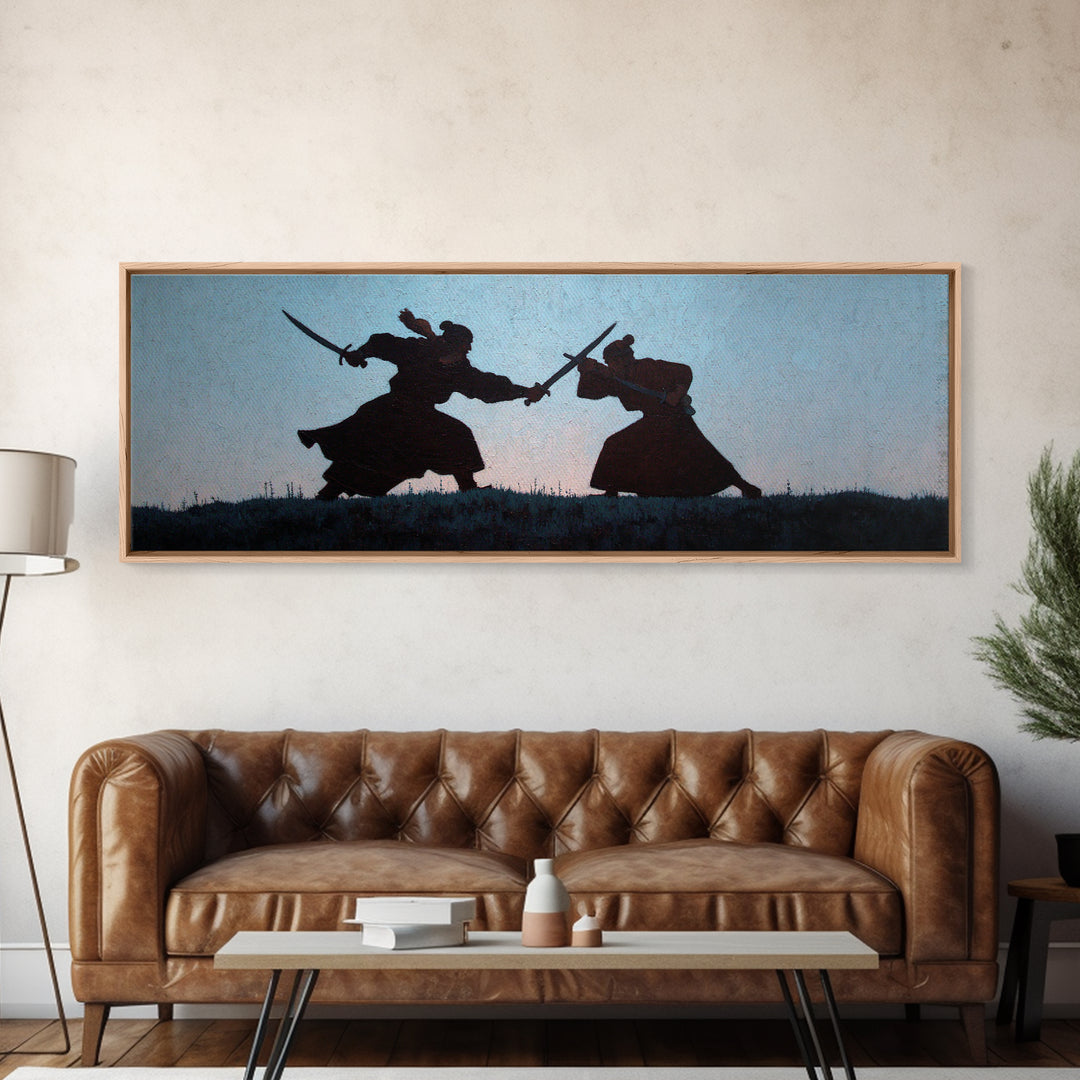 Samurai Duel Silhouette Wall Art, Japanese Warrior Canvas Print, Minimal Black And White Decor For Office And Living Room