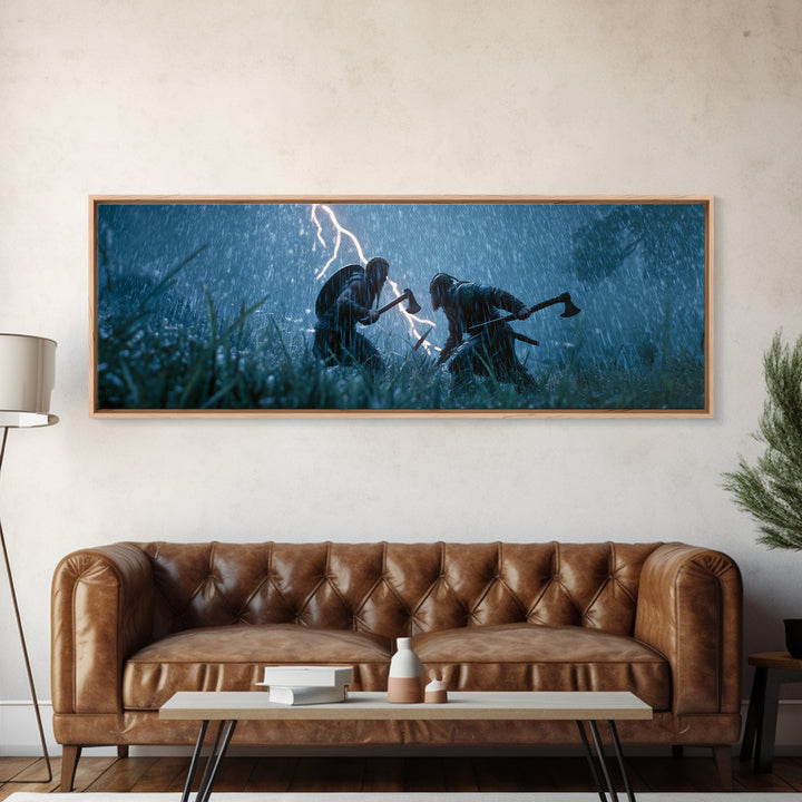 Viking Warriors In Lightning Rain Canvas Print, Dark Medieval Battle Wall Art, Stormy Fantasy Decor, Dramatic Game Room Decor