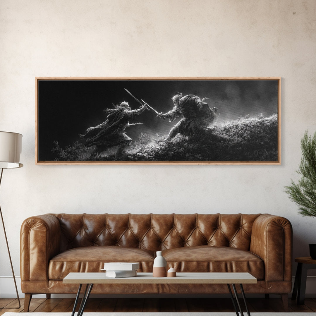 Black And White Warrior Duel Wall Art, Dark Fantasy Battle Print, Cinematic Viking Decor, Masculine Office, Gift For Him