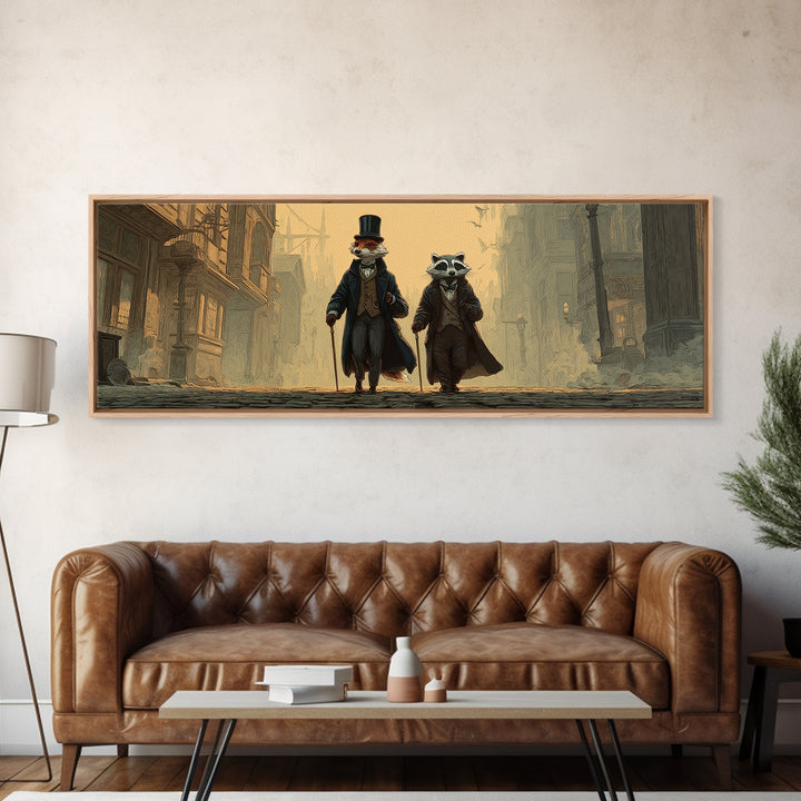 Dapper Fox And Raccoon Stroll Wall Art, Whimsical Animal Portrait, Victorian Street Fantasy Decor For Kids Room Canvas Print
