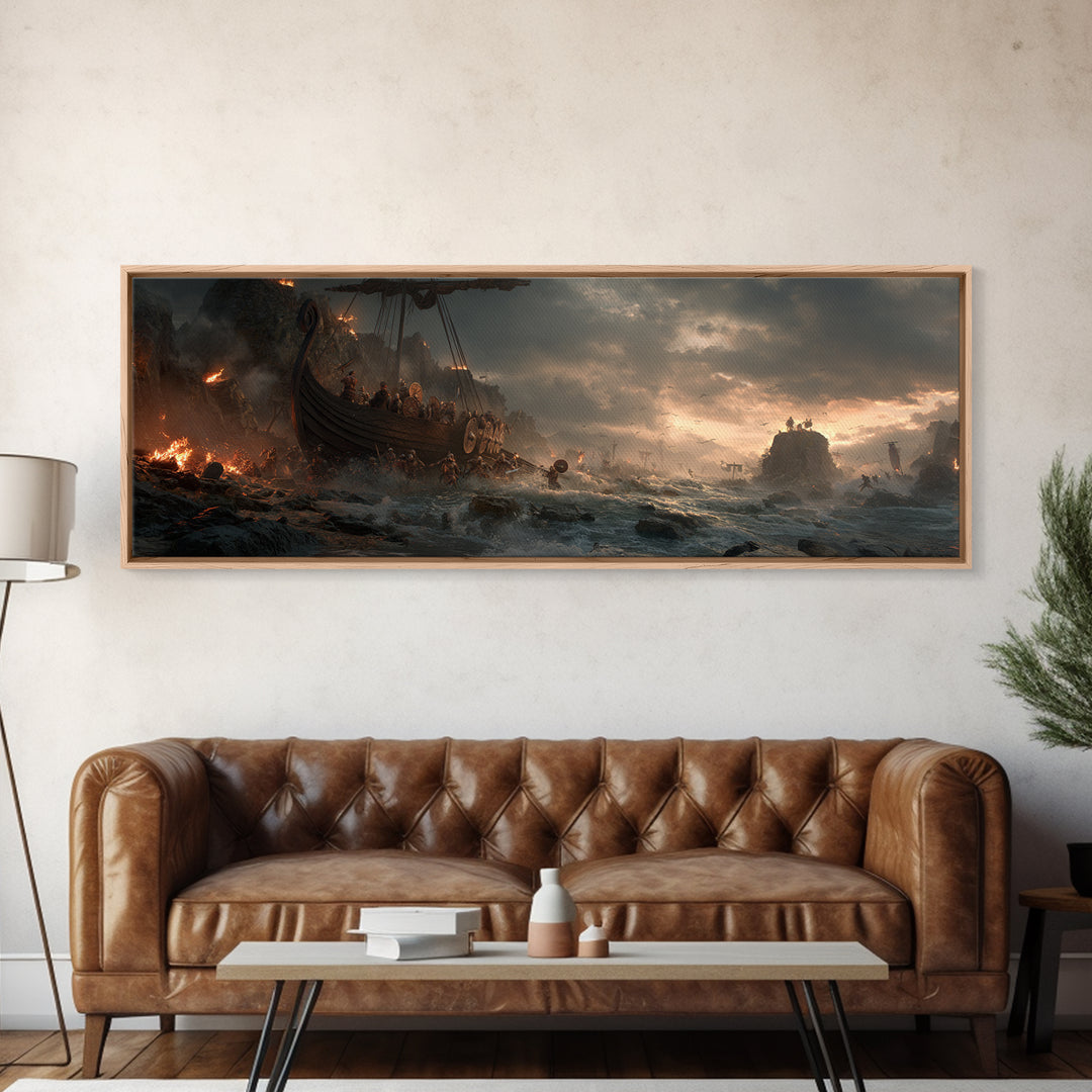 Viking Longship Landing On Stormy Shore Wall Art, Norse Battle Seascape, Dark Fantasy Decor, Dramatic Nautical Canvas Print