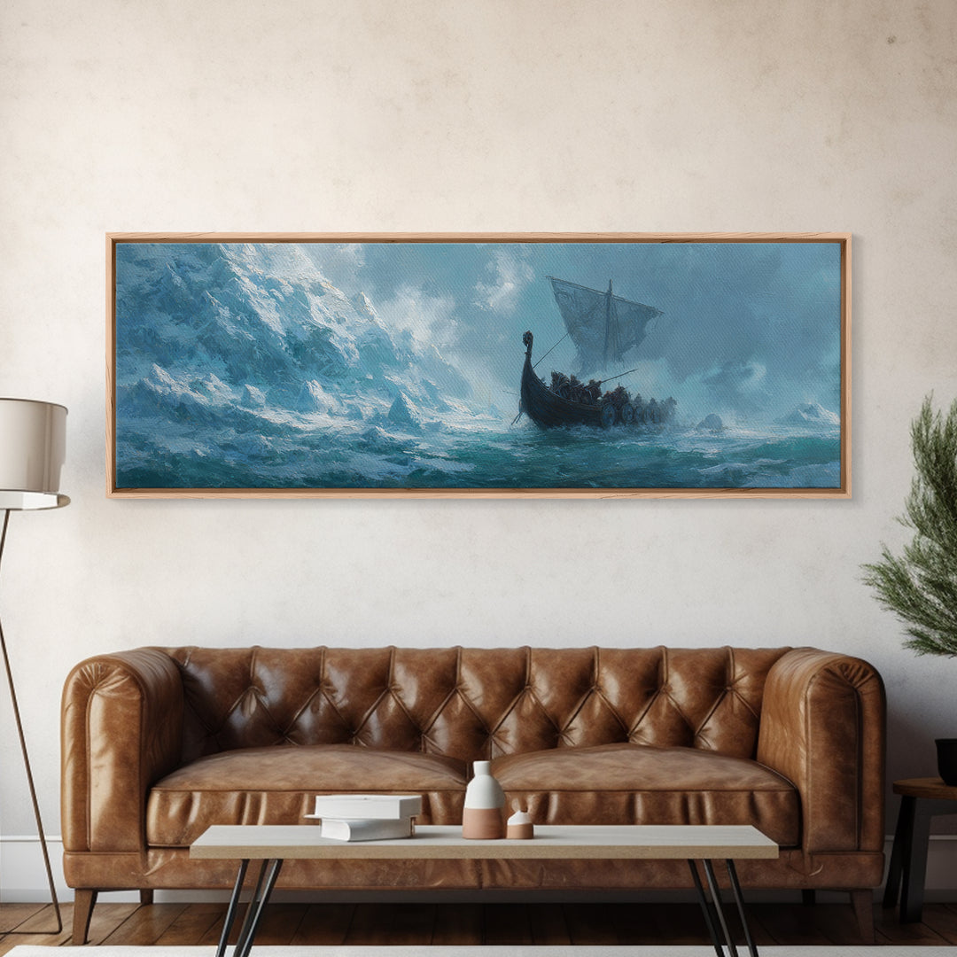 Viking Longship On Stormy Sea Wall Art, Nordic Ocean Seascape Painting, Nautical Living Room Decor, Adventure Gift For Him