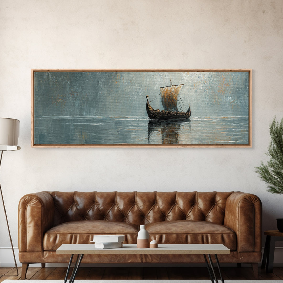 Viking Longship Sailing Through Misty Waters Canvas Print, Nautical Wall Art, Nordic Decor, Lake House Coastal Artwork Gift