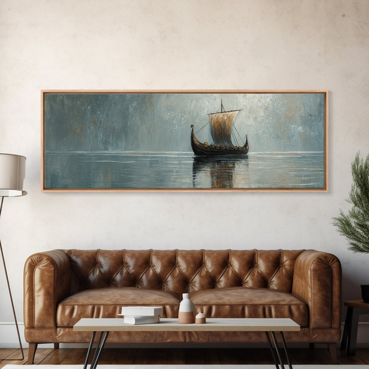 Viking Longship Sailing Through Misty Waters Canvas Print, Nautical Wall Art, Nordic Decor, Lake House Coastal Artwork Gift