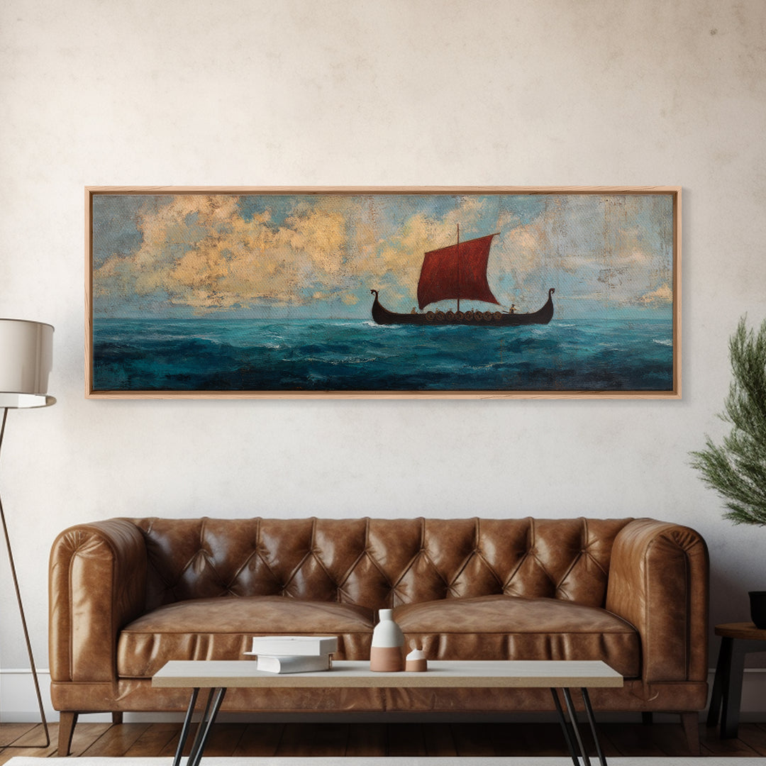 Viking Longship With Red Sail Canvas Print, Nautical Wall Art, Nordic Seascape Decor, Coastal Living Room Art, Ocean Wall Decor