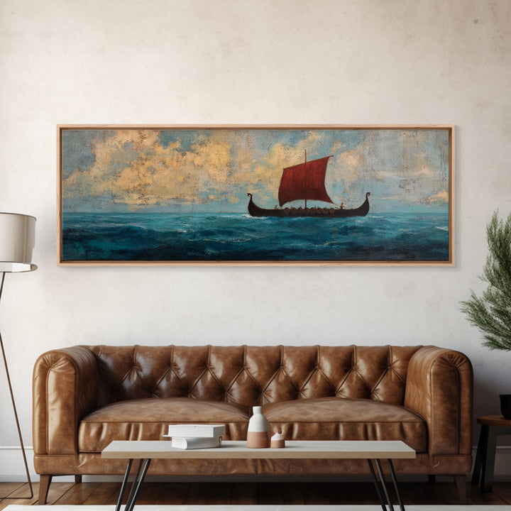Viking Longship With Red Sail Canvas Print, Nautical Wall Art, Nordic Seascape Decor, Coastal Living Room Art, Ocean Wall Decor