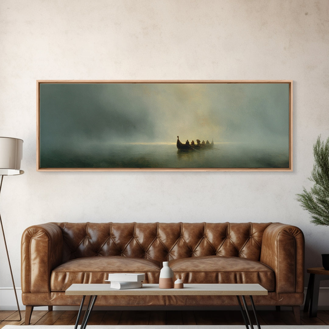 Misty Boat On Silent Lake Framed Canvas Print, Moody Seascape Wall Art, Serene Landscape Decor, Peaceful Home Gift Print