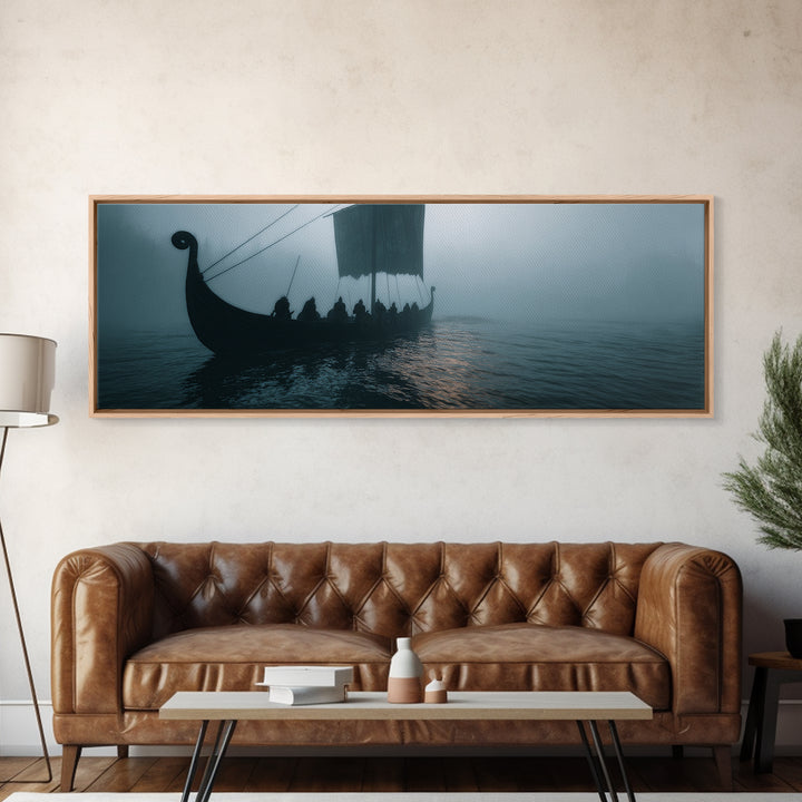 Viking Longship In Misty Waters Wall Art, Nordic Seascape Canvas Print, Nautical Coastal Decor, Moody Living Room Art Print