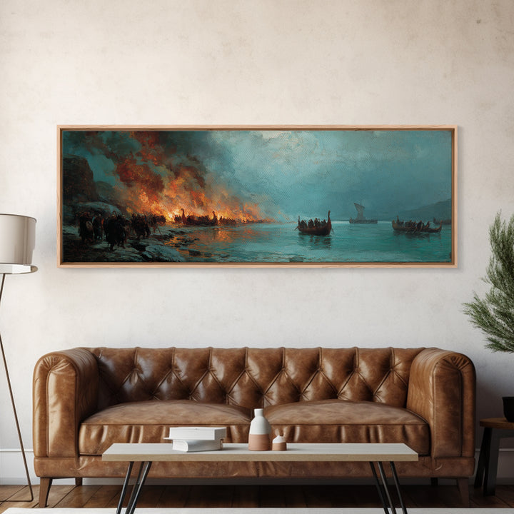 Viking Longboats By Burning Shore Framed Canvas Print, Nordic Seascape, Historical Wall Art, Moody Nautical Decor, Large Horizontal Art