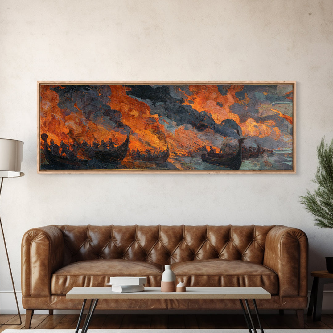 Burning Viking Longships Framed Canvas Print, Fiery Battle Seascape Wall Art, Norse Saga Decor, Dark Coastal Artwork For Men