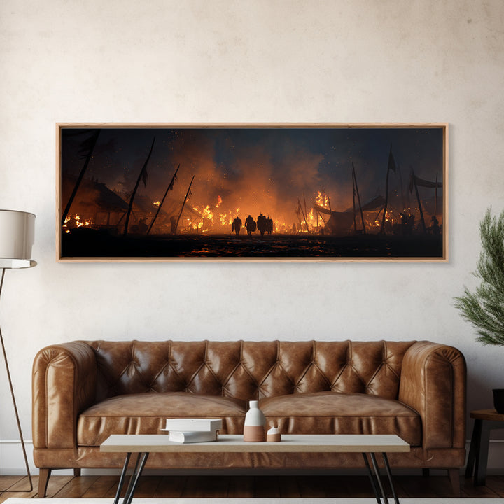 Burning Medieval Camp At Night Wall Art, Dark Fantasy Canvas Print, Fiery Battle Scene, Gothic Game Room Decor, Masculine Wall Decor
