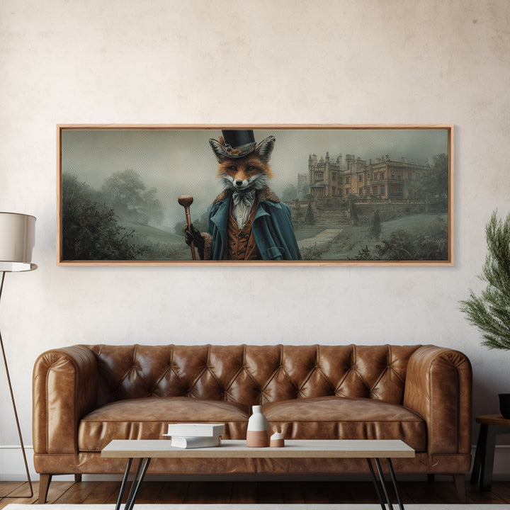 Victorian Fox Gentleman At Misty Manor Framed Canvas Print, Whimsical Animal Portrait, Dark Academia Country House Wall Art