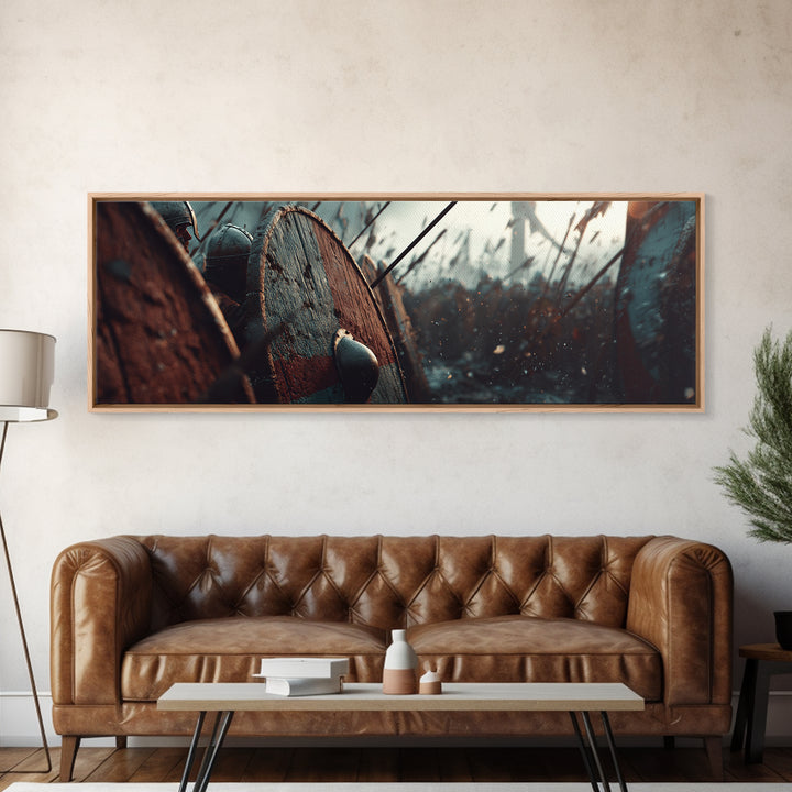 Shield Wall In Snowy Battle Wall Art, Viking Warfare Canvas Print, Spear And Round Shield Decor, Medieval Game Room Decor