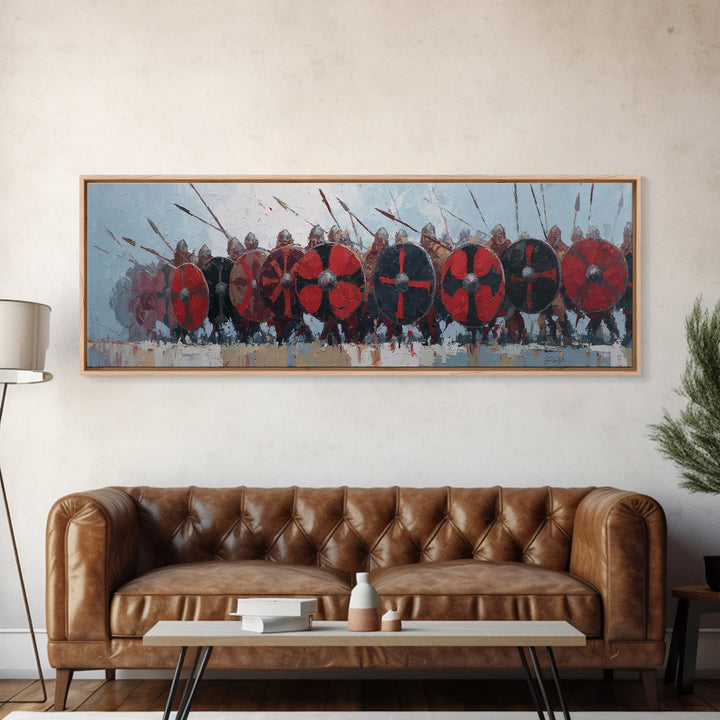 Red Shield Viking Army Framed Canvas Print, Norse Battle Wall Art, Medieval Warrior Decor, Large Horizontal Artwork For Him