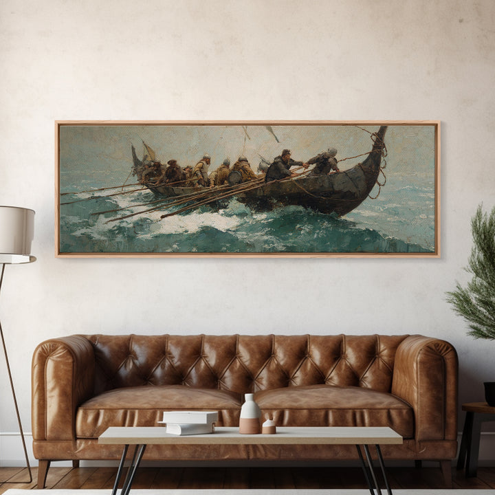 Viking Longboat Battling Turquoise Sea Wall Art, Nautical Canvas Print, Norse Warrior Decor, Coastal Historical Art For Men