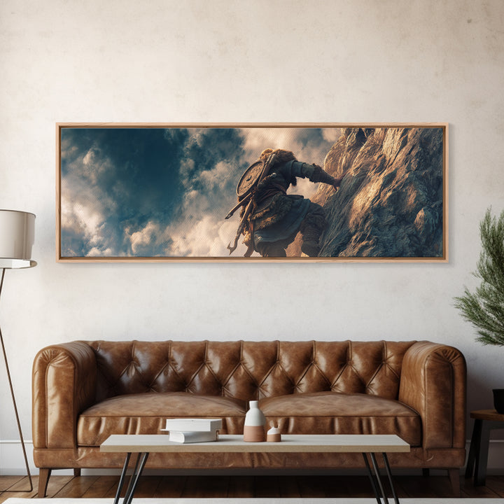 Viking Climber Scaling Sheer Cliff Wall Art, Adventure Fantasy Canvas Print, Nordic Landscape Decor, Gift For Him, Office Poster