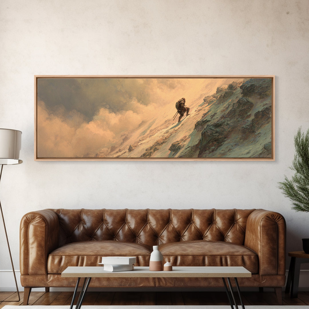 Lone Mountaineer On Snowy Cliff Wall Art, Epic Fantasy Landscape Canvas, Mountain Adventure Decor For Office And Man Cave
