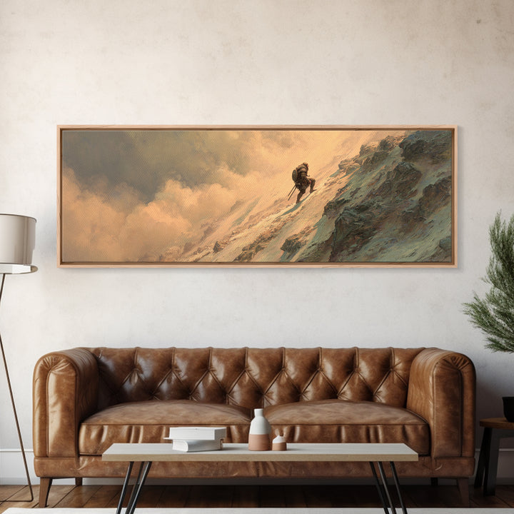 Lone Mountaineer On Snowy Cliff Wall Art, Epic Fantasy Landscape Canvas, Mountain Adventure Decor For Office And Man Cave