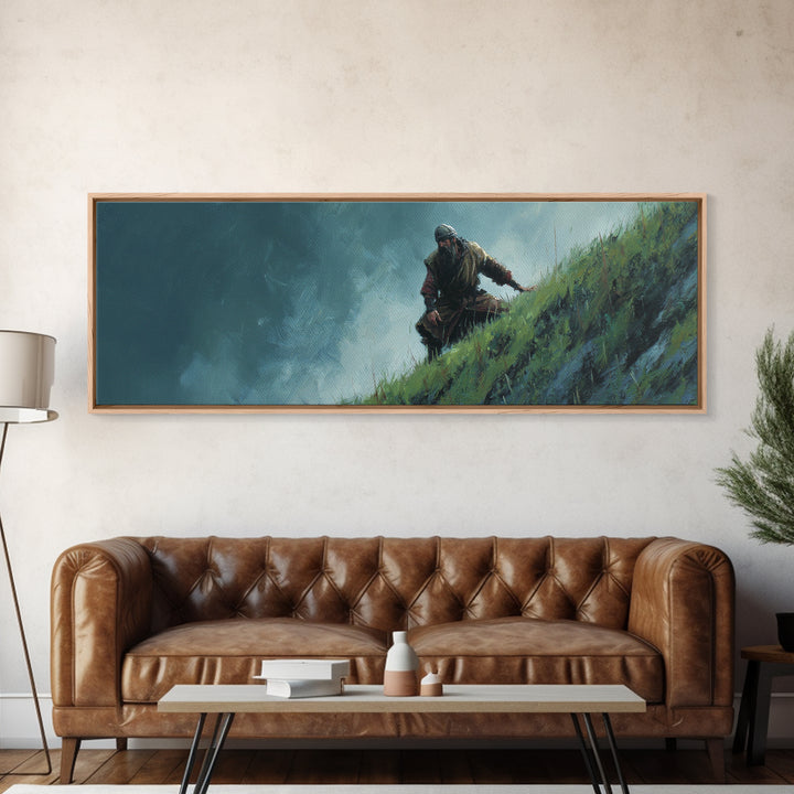 Warrior Climbing Windy Green Cliff Framed Canvas Print, Adventure Fantasy Wall Art, Moody Nature Decor For Office And Bedroom