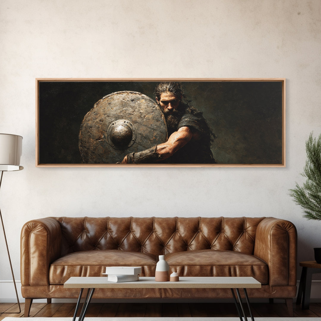Dark Viking Warrior With Weathered Shield Wall Art, Norse Battle Portrait, Masculine Office Decor, Gothic Man Cave Decor Gift