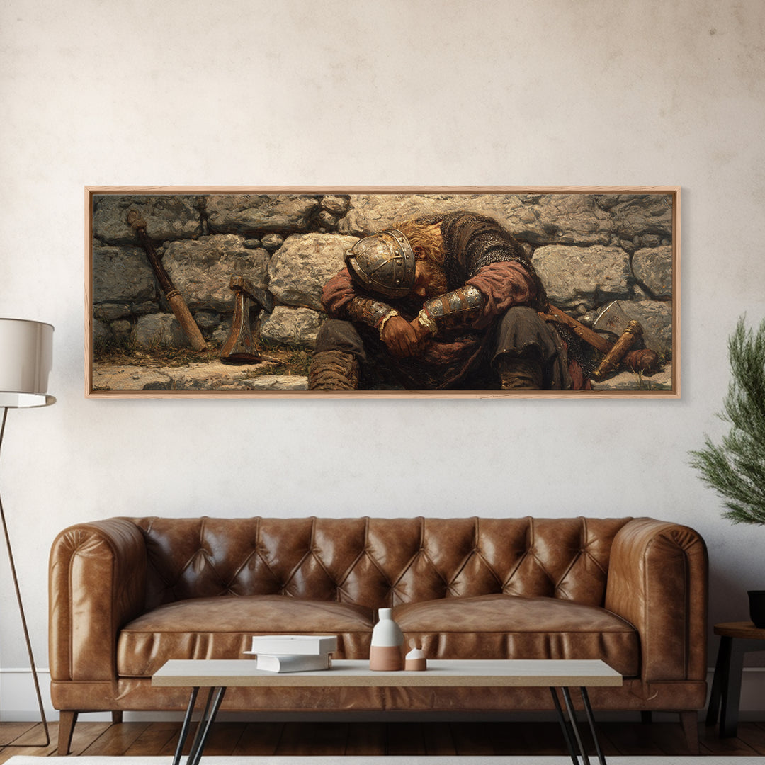 Weary Viking Resting By Stone Wall Framed Canvas Print, Norse Warrior Art, Rustic Medieval Decor, Dark Academia Gift Print